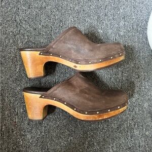 UGG Brown Leather Mules with Wooden Heel